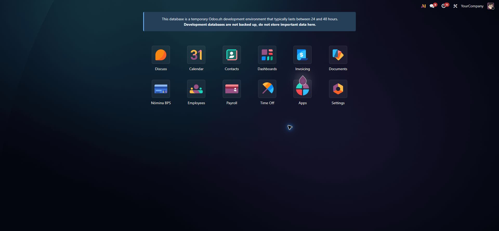 Lanzador de Odoo con la aplicación Nómina BPS disponible